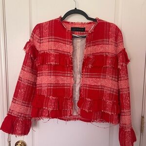 Zara Vibrant Red Checkered Fringe Jacket